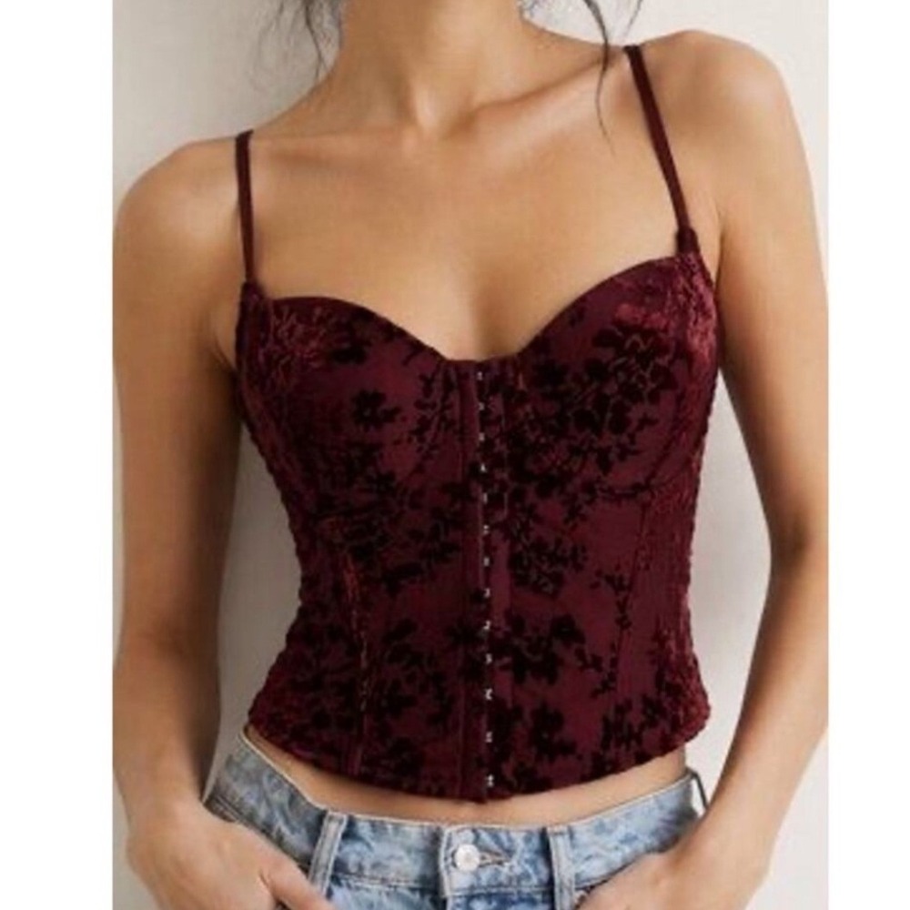 Lulus Burgundy Floral Burnout Velvet Bustier Corset Top Underwire Crop Size M - Picture 1 of 8